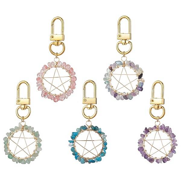 5Pcs 5 Style Flat Round with Star Natural & Synthetic Gemstone Chips Beaded Pendant Decorations