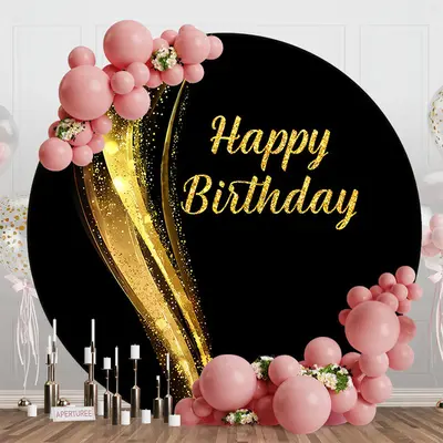 Black Gold Sparkle Round Happy Birthday Backdrop - Aperturee