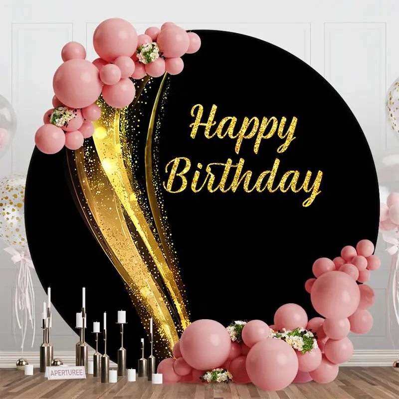 Black Gold Sparkle Round Happy Birthday Backdrop - Aperturee