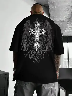 Men's Cross & Wing Print Drop Shoulder Tee, Casual Streetwear Regular FitĀ Half Sleeve Round Neck T-Shirt for Summer, Comfy M...