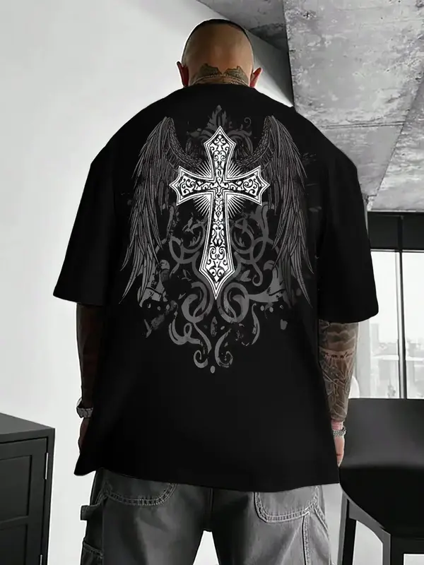 Men's Cross & Wing Print Drop Shoulder Tee, Casual Streetwear Regular Fit Half Sleeve Round Neck T-Shirt for Summer, Comfy M...