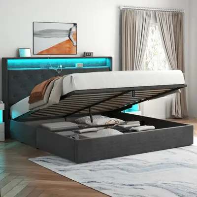 Full, Queen, King Lift Up Bed Frame with Charging Station, LED Lights, Button Tufted Wingback Storage Headboard, Hydraulic St...