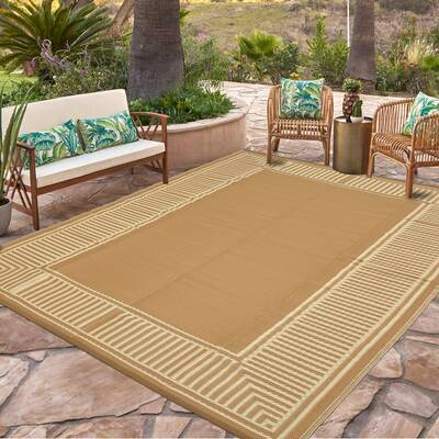 Garvee Brown Coffee Outdoor Area Rug 10x14ft – Modern Striped Bordered Plastic Mat, Waterproof, UV Resistant, Easy Clean, D...
