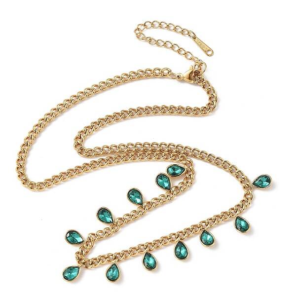 304 Stainless Steel Rhinestone Teardrop Tassel Twisted Chain Necklaces for Women