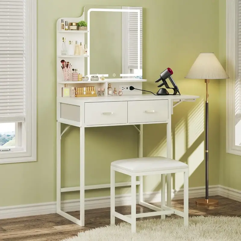 Makeup Vanity Desk with Mirror and Lights, Small Makeup Vanity with Fabric Storage Drawer & Chair & Shelves, White Vanity wit...