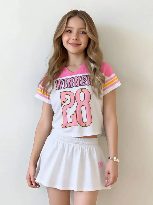 Ready Stock Kid Girl Sports Suit Letter Number Print Colorblock Short Sleeve Quick-dry T-shirt with Tennis Skirt Set Pink 424...