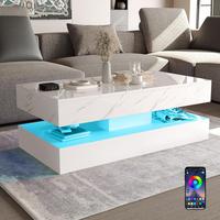 LED Coffee Table with 2 Storage Drawers, Modern High Gloss White Coffee Table w/20 Colors LED Lights, 2 Tiers Rectangle Cente...
