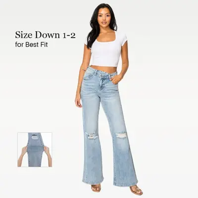 ćPlus SizećCANANA Women High Rise Stretch Bootcut Ripped Wide Leg Jeans- Light Wash | Women's Underwear Street Wear Flare...