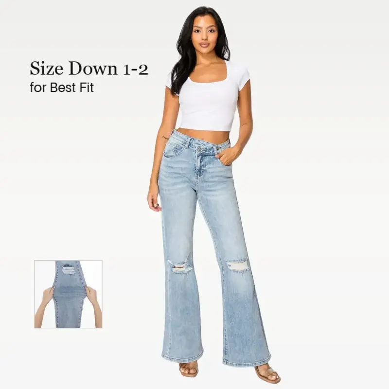 【Plus Size】CANANA Women High Rise Stretch Bootcut Ripped Wide Leg Jeans- Light Wash | Women's Underwear Street Wear Flare...