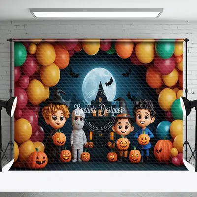 Aperturee Balloons Castle Moon Night Mummy Halloween Backdrop - Aperturee