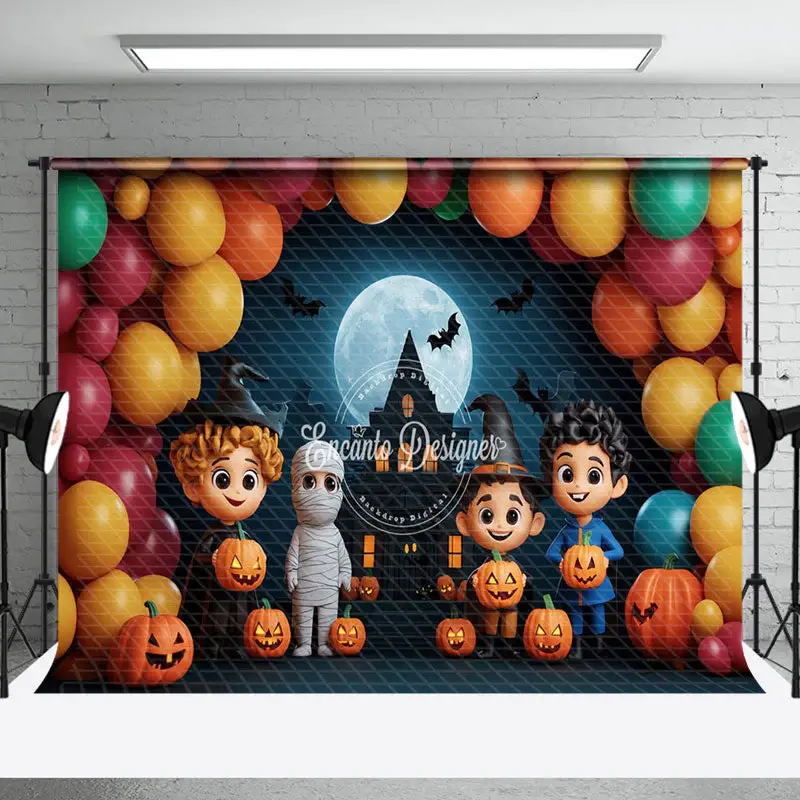 Aperturee Balloons Castle Moon Night Mummy Halloween Backdrop - Aperturee