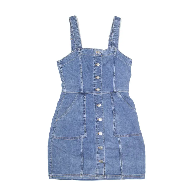 H&M DIVIDED Button Up Dungaree Dress Blue Sleeveless Short Womens UK 8