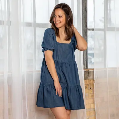 Balloon Sleeve Denim Baby Doll Dress - S