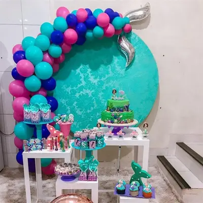 Aperturee Simple Blue Lace Ocean Themed Round Birthday Backdrop | Circle Party Backdrop Cover | Round Backdrop Cover Diy | Ro...