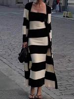 Women's Striped Print Cardigan & Tube Dress Two-piece Set, Casual Longsleeves Outerwear & Strapless Long Dress for Daily Wear...