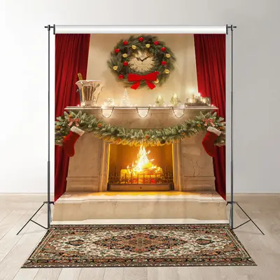Aperturee Vintage Fireplace Red Bow Curtain Christmas Backdrop