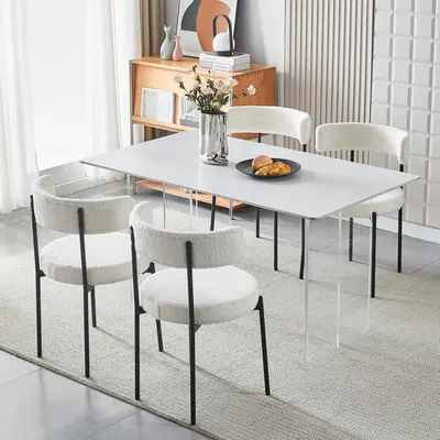 Dining Chairs set of 4,Modern Dining Chairs,kitchen chairs,curved backest round upholstered boucle dining room chair with bla...