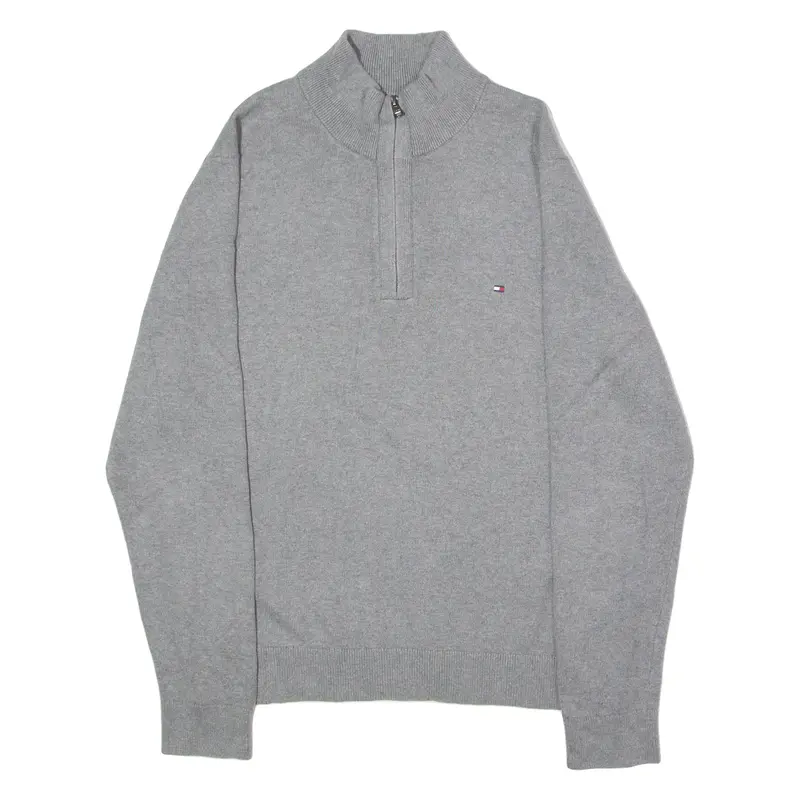 TOMMY HILFIGER Mens Jumper Grey 1/4 Zip Tight Knit 2XL