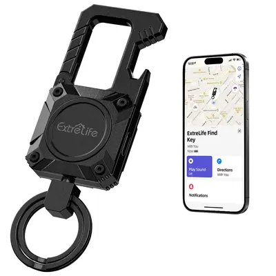 Keychain with Apple Find My GPS Tracker Heavy Duty Bottle Opener Carabiner for Luggage Kids Bags Rechargeable Black Smart Tag...