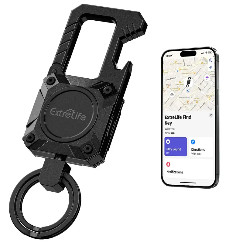 Keychain with Apple Find My GPS Tracker Heavy Duty Bottle Opener Carabiner for Luggage Kids Bags Rechargeable Black Smart Tag...