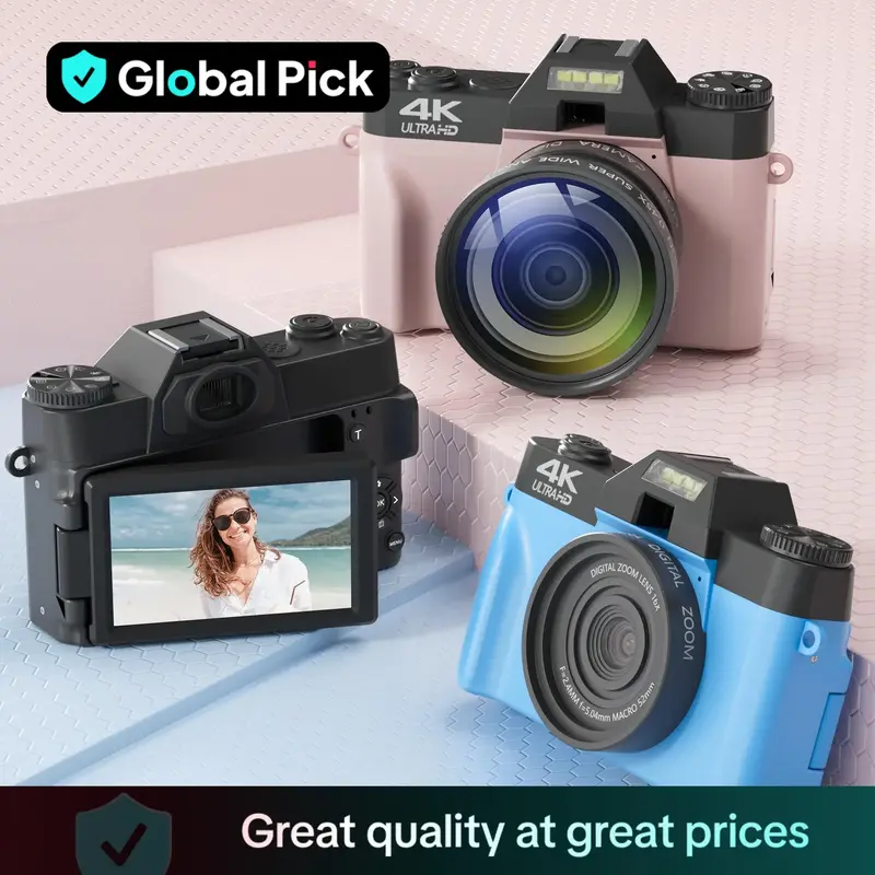 GLOBAL PICK 4K Digital Camera with 180° Flip Screen, 16X Digital Zoom Vlogging Camera, Autofocus Camera, Including Wide Angl...