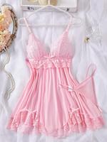 Women's Contrast Lace Bow Decor Cami Nightdress & Sheer Thong Sexy Sleepwear Two-Piece Set, Romantic Comfy Spaghetti Strap Ni...