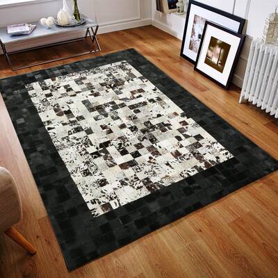 Genuine  Black and White Cow Leather Patchwork Rug with Black Border