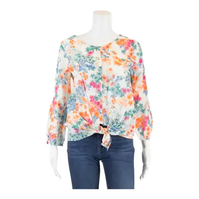 ZARA BASIC Tie-Front White Floral 3/4 Sleeve Blouse Womens S