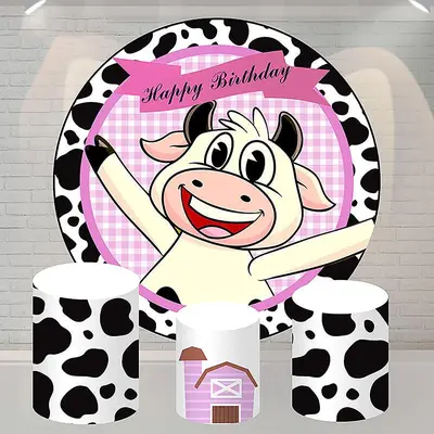 Aperturee Cartoon Black White Cow Round Happy Birthday Backdrop | Round Backdrop Cover Diy | Round Party Backdrop | Round Bac...