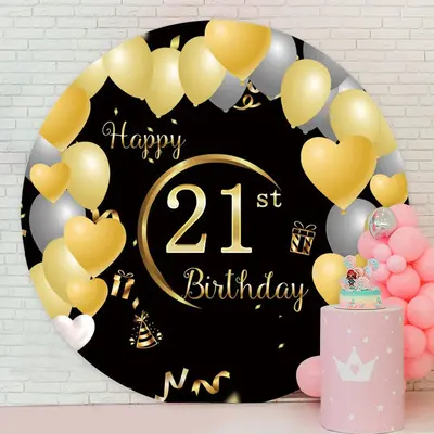 Aperturee Yellow And Sliver Ballon Round 21st Birthday Backdrop