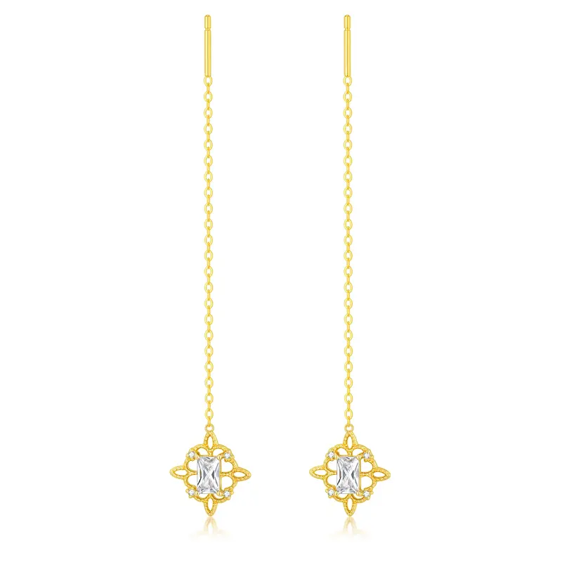 14K Gold Princess-square Shaped Cubic Zirconia Celtic Knot Drop Earrings