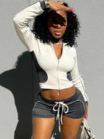 Women's Colorblock Side Stripe Zip Up Crop Jacket & Drawstring Waist Shorts, Casual Fashion Stand Collar Long Sleeve Top & Sh...