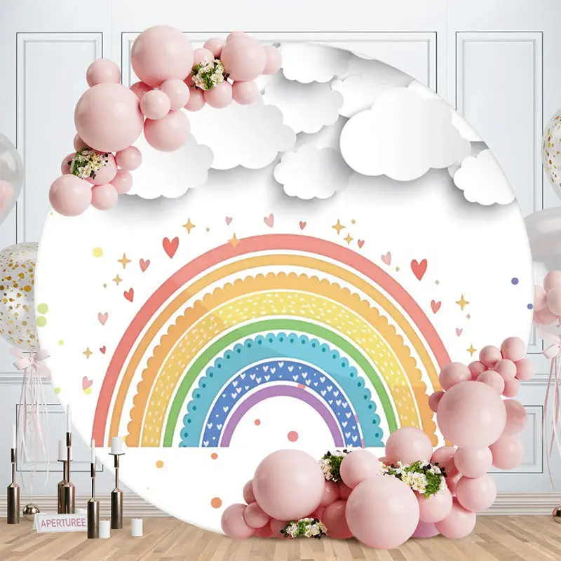 Aperturee White Cloud And Rainbow Round Birthday Party Backdrop