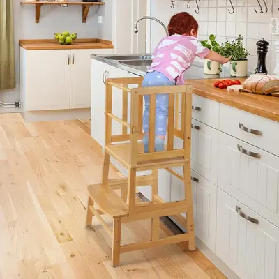 COSYLAND Kids Kitchen Step Stool, Natural Bamboo Toddler Standing Tower, Removable Anti-Drop Railing Safety Rail, More Stable...