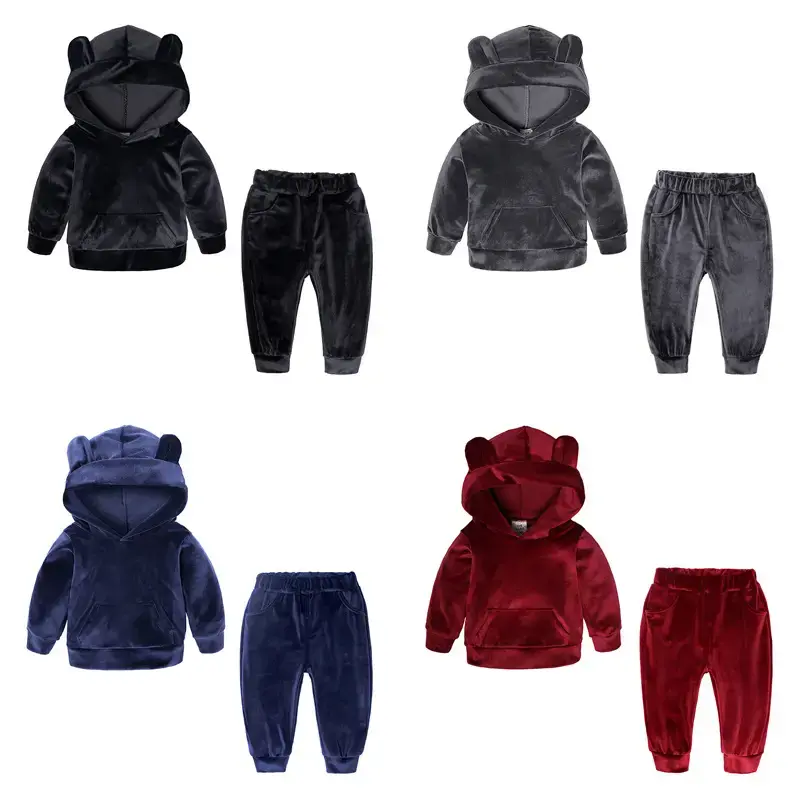 2024 Kids Boys Girls Clothes Set Velvet Tracksuit Solid Cute Bear Hoodies With Pocket Tops Sweatshirt+Pants Children Clothing...