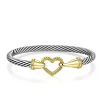Aprilery Trendy Two-Tone Cable Cuff Bracelet – Heart Hook Clasp Mixed Metal Stretch Bangle, Stack Bangle Jewelry for Women