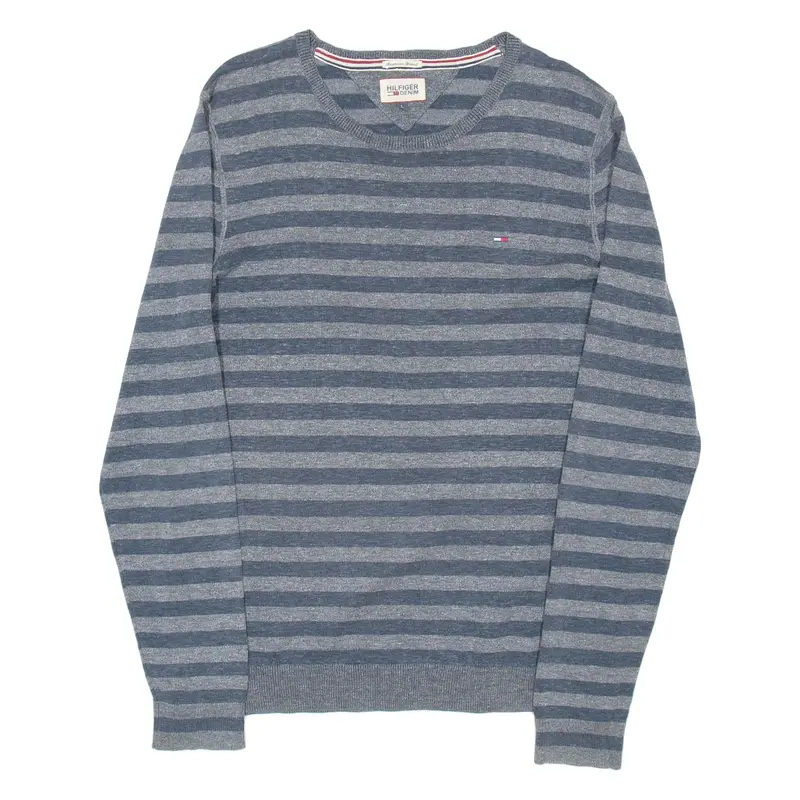 TOMMY HILFIGER Mens Patterned Jumper Grey Striped Tight Knit L