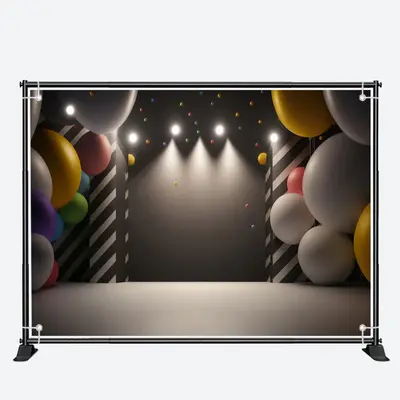 Black Light Balloons Gray Happy Birthday Backdrop - Aperturee