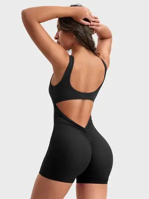 Women's Solid Cut Out Ruched Sports Tank Romper, High Stretch Seamless Yoga Workout Bodysuit, Ladies Sportswear for Indoor Ou...
