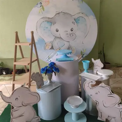 Aperturee Pink Floral And Blue Elephant Round Baby Shower Backdrop | Circle Background For Party | Custom Round Backdrop Cove...