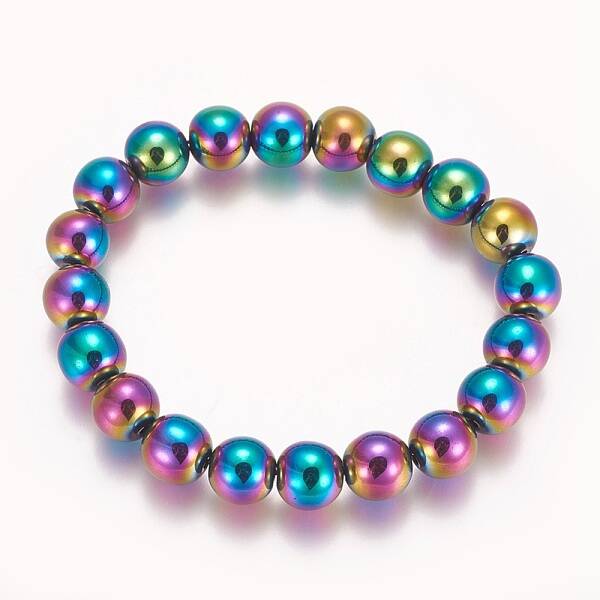 Electroplated Non-magnetic Synthetic Hematite Beaded Stretch Bracelet