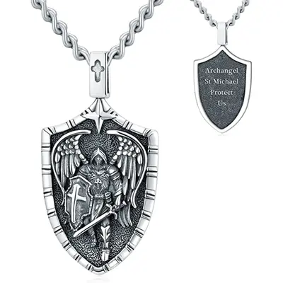 Sterling Silver Saint Michael Pendant Shield Necklace with Engraved Word for Men