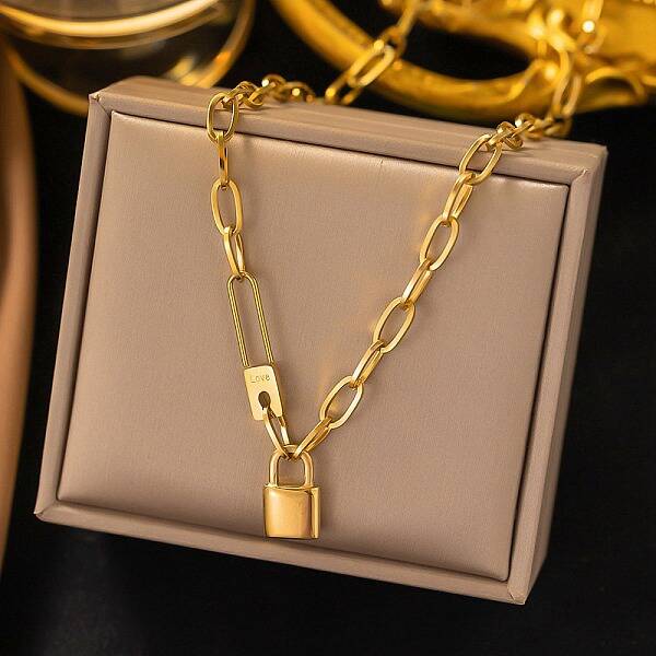 304 Stainless Steel Lock Pendant Paperclip Chain Necklaces for Women Men