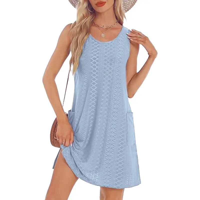 Coverup Summer Dresses for Women 2025 Eyelet Casual Loose Sleeveless Sundresses Tank Dresses with Pockets