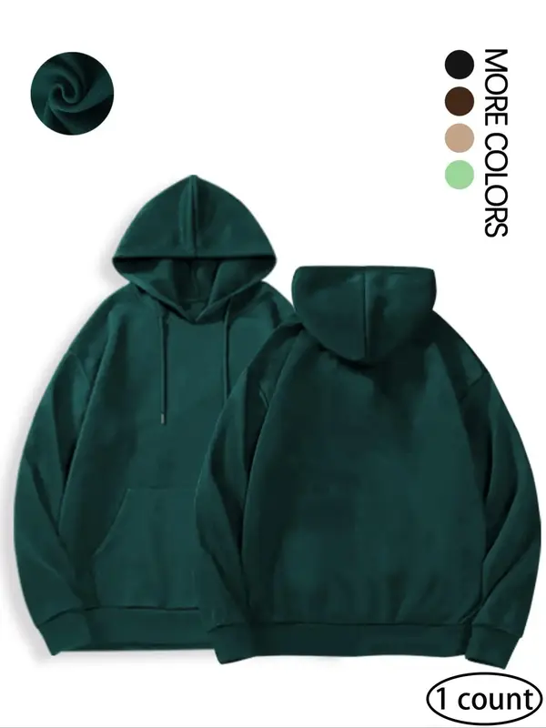 Men's Basic Thermal Lined Plain Long Sleeve Hoodie, Drawstring Pocket Hooded Pullover, Simple Solid Sweatshirt for Fall Winte...