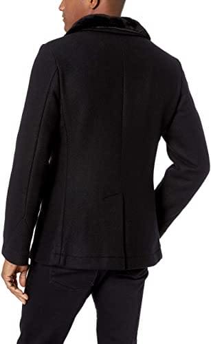 Men's Wool Double Breasted Bond Peacoat with Leather Details - Black Cashmere With Fur Collar