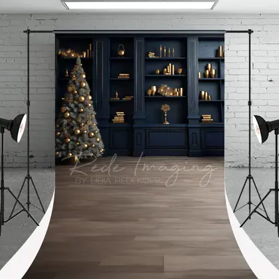 Navy Blue Book Shelf Christmas Tree Sweep Backdrop - Aperturee