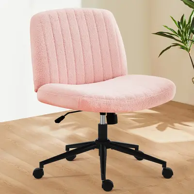 Chairs Height Adjustable Criss Cross Chair with Wheels, Pink Armless Mid Back Chair for Home Office, Wide Swivel Design Ergon...