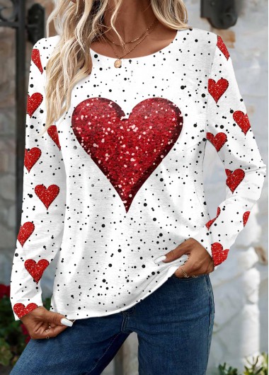 Modlily White Valentine's Day Print Long Sleeve T Shirt - XL