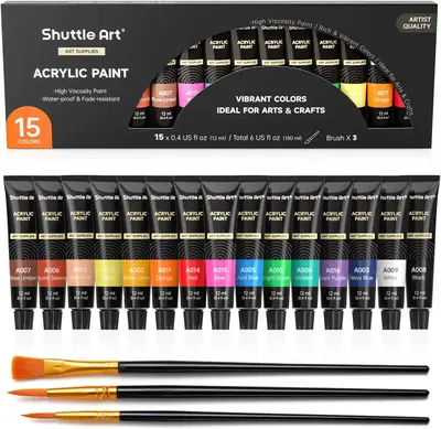 Shuttle Art Acrylic Paint Set, 15 x 12ml Tubes Artist Quality Non Toxic Rich Pigments Colors Perfect for Adults Beginners Art...
